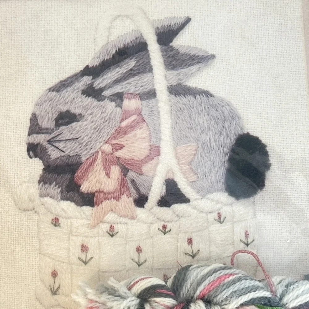 1984 Bunny In A Basket Concepts Crewel Kit Rabbit With Frame Vintage Needlecraft